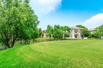 Green meadow and woods with apartment buildings scenery in summer