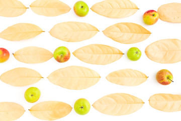 Autumn creativity composition of autumn dried leaves and apple fruits on white background. Flat lay, top view. Close up view
