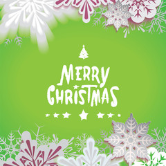 Merry Christmas retro postcard with falling snowflakes and textual signboard isolated on green background