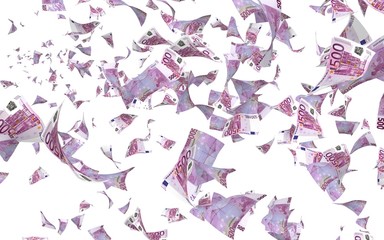 Flying euro banknotes isolated on a white background. Money is flying in the air. 500 EURO in color. 3D illustration