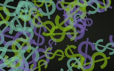 Multicolored translucent dollar signs on dark background. Green tones. 3D illustration