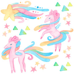 cartoon watercolor illustration. baby cute set. template for fantasy, children's invitations. unicorns, stars, magic, heart. isolated on white background