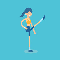 Cute smiling girl in sportswear doing leg swings