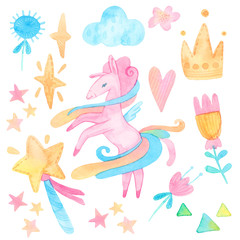 cartoon watercolor illustration. baby cute set. template for fantasy, children's invitations. unicorns, stars, magic, heart, cloud. isolated on white background
