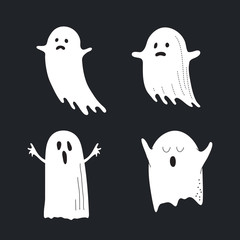 Cute white ghost set, phantom silhouette isolated on black background