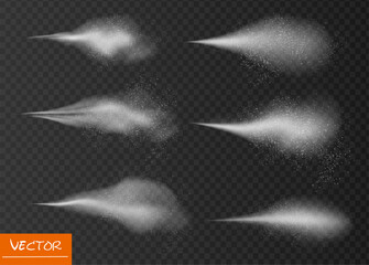 Airy water spray mist set. Sprayer fog isolated on black transparent background. Airy spray. Vector illustration. - obrazy, fototapety, plakaty