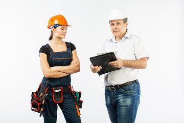 contractors people discussing the plan of building over white background