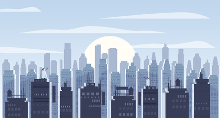 Obraz premium Cityscape day. Modern city skyline panoramic vector background. Urban city tower skyscrapers skyline illustration, isolated, illustration