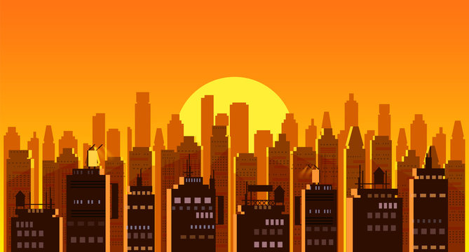 Cityscape sunset. Modern city skyline panoramic vector background. Urban city tower skyscrapers skyline illustration, isolated, illustration
