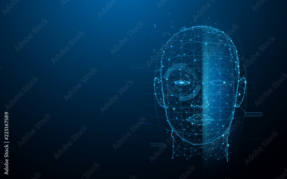 Fototapete biometric technology digital face scanning form lines, triangles and particle style design. illustra