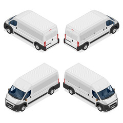Fototapeta premium Commercial white van icons set isolated on a white background. Flat 3d vector isometric illustration.
