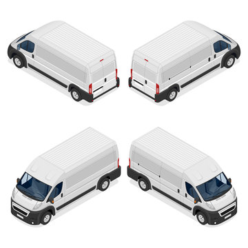 Commercial White Van Icons Set Isolated On A White Background. Flat 3d Vector Isometric Illustration.