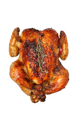 Fried chicken with its legs tied, on a white isolated background.