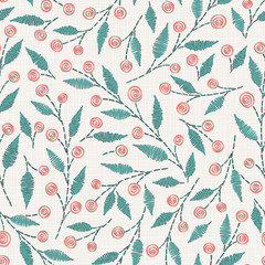  Embroidery floral seamless pattern on linen cloth texture