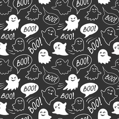 Halloween festive seamless pattern. Black and white endless background with speech bubble with boo, cute smiling and spooky ghosts