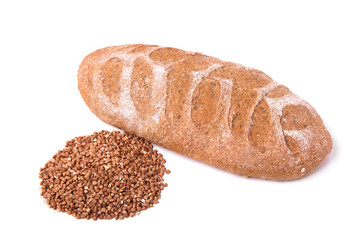 Buckwheat bread and buckwheat groats isolated on white background