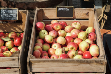 Apples in a wood crate, food market