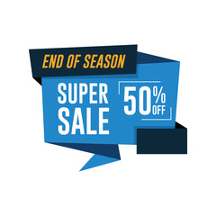 Super sale banner. 50% off. Blue origami sale banner
