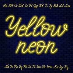 Yellow neon script. Uppercase and lowercase letters.