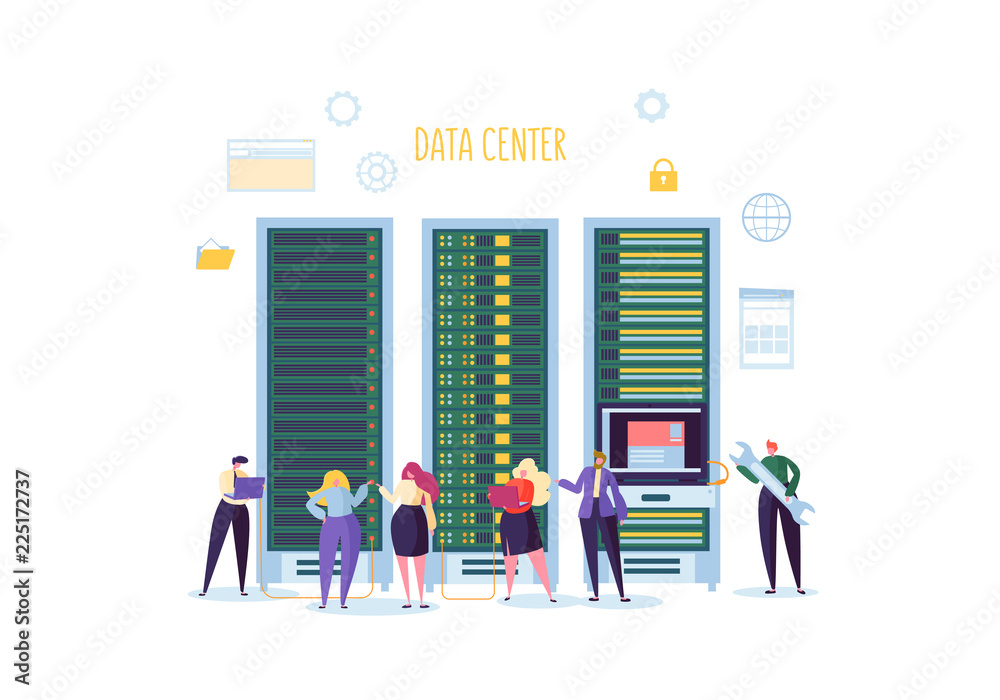 Poster data center technology concept. flat people characters engineers working in network server room. web