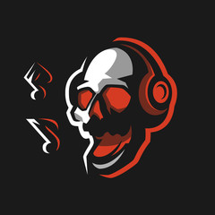 Skull in headphones sings songs. Logo emblem for design of posters, prints, stickers. Musical rock festival. Mascot design for the team. Vector DJ illustration
