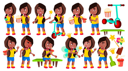 Girl Kindergarten Kid Poses Set Vector. Black. Afro American. Baby Expression. Preschooler. For Card, Advertisement, Greeting Design. Isolated Cartoon Illustration