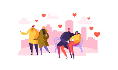 Obraz premium Male and Female Characters in Love. Happy Couples Romantic Day in the City. Valentines Card with People in Love. Vector illustration