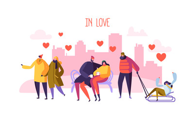Male and Female Characters in Love. Happy Couples Romantic Day in the City. Valentines Card with People in Love. Vector illustration