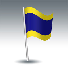 vector waving maritime signal flag D Delta on slanted metal silver pole - symbol of Keep clear of me; I am maneuvering with difficulty - yellow and blue color