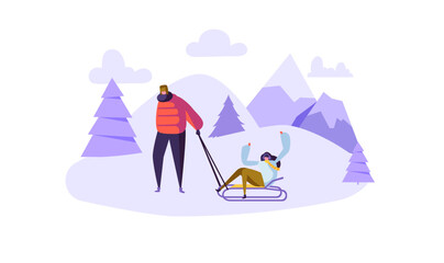 Fototapeta premium Happy Couple Characters on Winter Activities