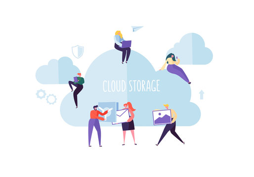 Cloud Storage Technology. Man and Woman Working Together Sharing Data Information Transfer Folders. Vector illustration