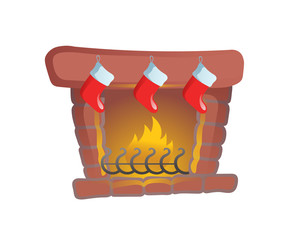 Fire place with Christmas stockings. Cartoon Christmas card element. Colorful flat vector illustration. Isolated on white background.