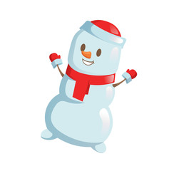 Funny Snowman dancing. Cartoon Christmas character. Colorful flat vector illustration. Isolated on white background.