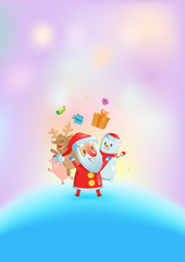 Santa and his friends dancing among glowing lights. Christmas card. Flat vector illustration. Vertical.