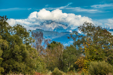 The top of the iconic Santis peak, view from the shores of the Zurich Lake (Obersee), Sankt Gallen, Switzerland