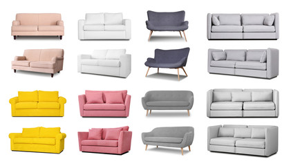 Set with different comfortable sofas on white background. Furniture for modern room interior