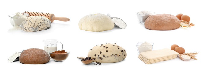 Set with different raw doughs on white background