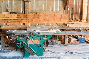 A view of the interior of an old traditional swa mill with old machines and tools
