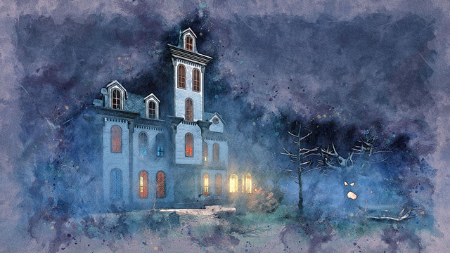 Grunge style watercolor sketch of scary haunted mansion with luminous windows at dark mystic night. Digital art painting illustration.