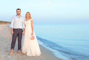 Wedding couple standing on beach. Space for text