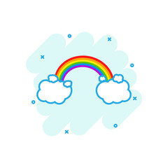 Cartoon colored rainbow with clouds icon in comic style. Weather illustration pictogram. Rainbow sign splash business concept.