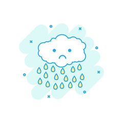 Cartoon colored cloud with rain icon in comic style. Clouds illustration pictogram. Rain sign splash business concept.