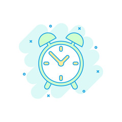 Cartoon colored alarm clock icon in comic style. Timer illustration pictogram. Stopwatch sign splash business concept.