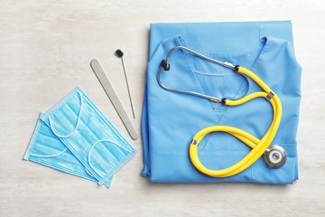 Flat lay composition with medical objects on light background