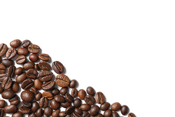 Roasted coffee beans on white background, top view