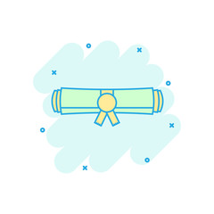 Cartoon colored diploma rolled scroll icon in comic style. Graduate scroll illustration pictogram. Education sign splash business concept.