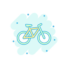 Cartoon colored bike icon in comic style. Bicycle illustration pictogram. Bike sign splash business concept.