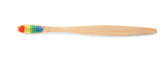Toothbrush made of bamboo on white background, top view