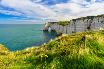 Beautiful view of cliffs Aval of Etretat and beautiful famous coastline ,Normandy, France, Europe - obrazy, fototapety, plakaty