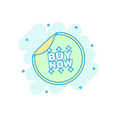 Cartoon colored buy now sticker icon in comic style. Shopping illustration pictogram. Buy now sign splash business concept.